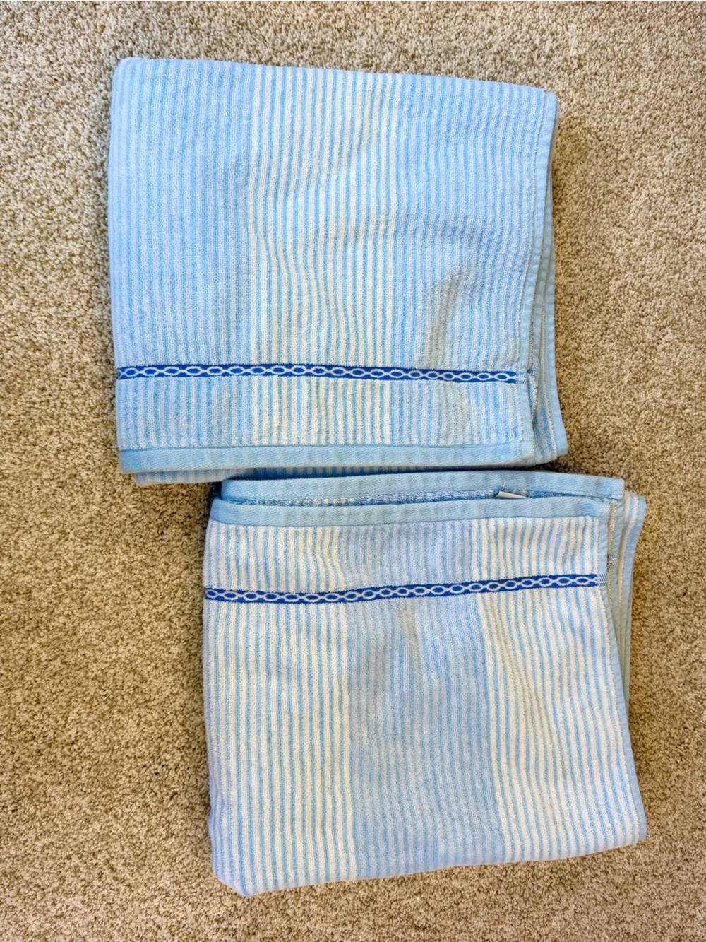 Vintage Bianca Jacquard Soft 100% Cotton 2Pc Bath Towels Portugal Blue Stripe
